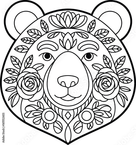 Elegant black and white floral bear head illustration suitable for coloring pages and decorative designs