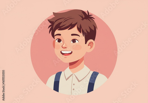 Happy cartoon boy with brown hair wearing a white shirt and suspenders