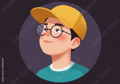 Young boy wearing glasses and a yellow cap looking up with a smile