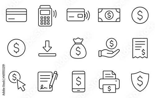 Finance and payment icons set. Card, POS terminal, money, dollar, receipt, mobile, shield, vector