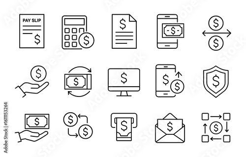 Finance and payment icons set. Pay slip, calculator, online payment, transaction, shield, vector