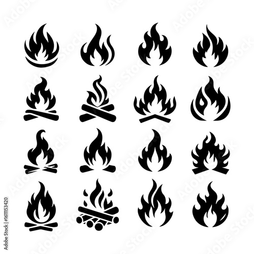 Collection of fire icons silhouette isolated on transparent background