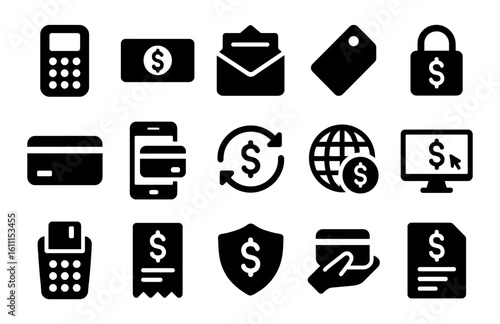 Set of payment and finance glyph icons: credit card, lock, receipt, POS terminal, shield, dollar, vector