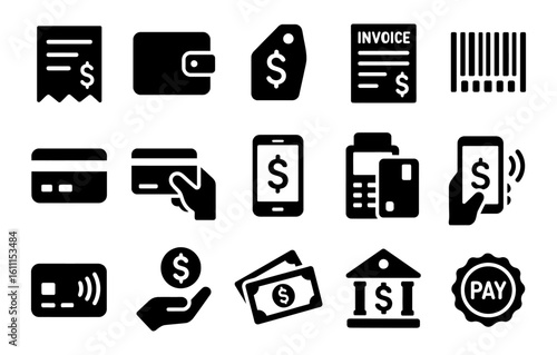 Finance and payment glyph icon set with wallet, card, invoice, barcode, hand, bank, and pay badge, vector