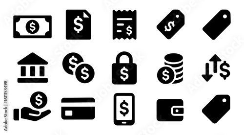 Finance glyph icons set with cash, receipt, tag, bank, coin, padlock, card, wallet, mobile, vector
