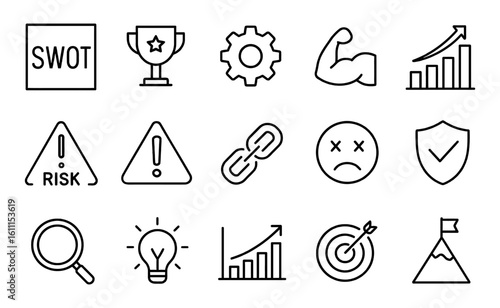 Business and management line icons set with swot, trophy, gear, muscle, growth, risk, goal, success, vector