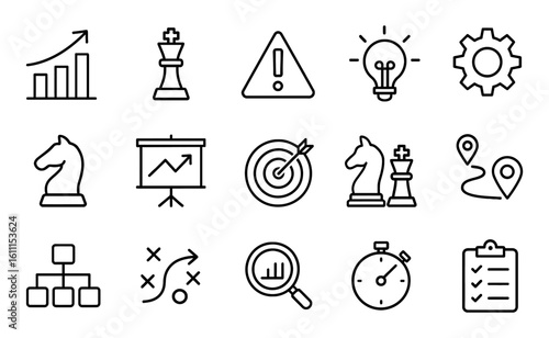 Business strategy line icons set with chess pieces, graph, target, gear, checklist, lightbulb, vector
