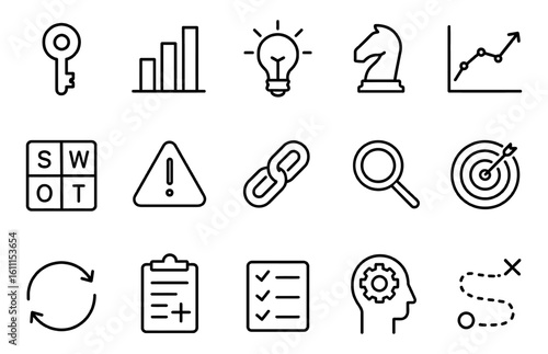 Business strategy and SWOT analysis line icons set with key, chart, light bulb, risk, target, vector