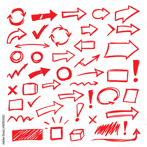 Assorted Hand Drawn Red Arrows and Symbols Collection Representing Directions and Indications with Different Styles and Shapes on White Backdrop
