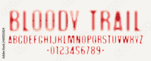 Font consisting of dots. Simple font on the theme of computer games, pixels, murder, detective and investigation. A set of letters and numbers of the Latin alphabet. No ai
