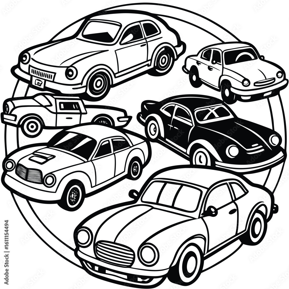 Fototapeta premium Colorful Car Collection Vector Coloring Book for Kids and Adults