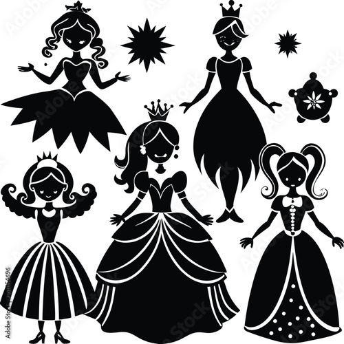 Enchanting Silhouettes of Three Princesses Adorned in Flowing Gowns