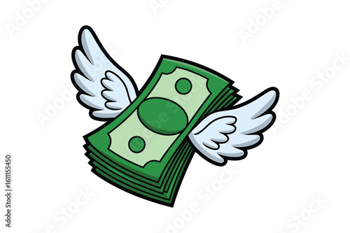 Money with wings illustration of currency flying representing financial freedom and spending power or easily losing money