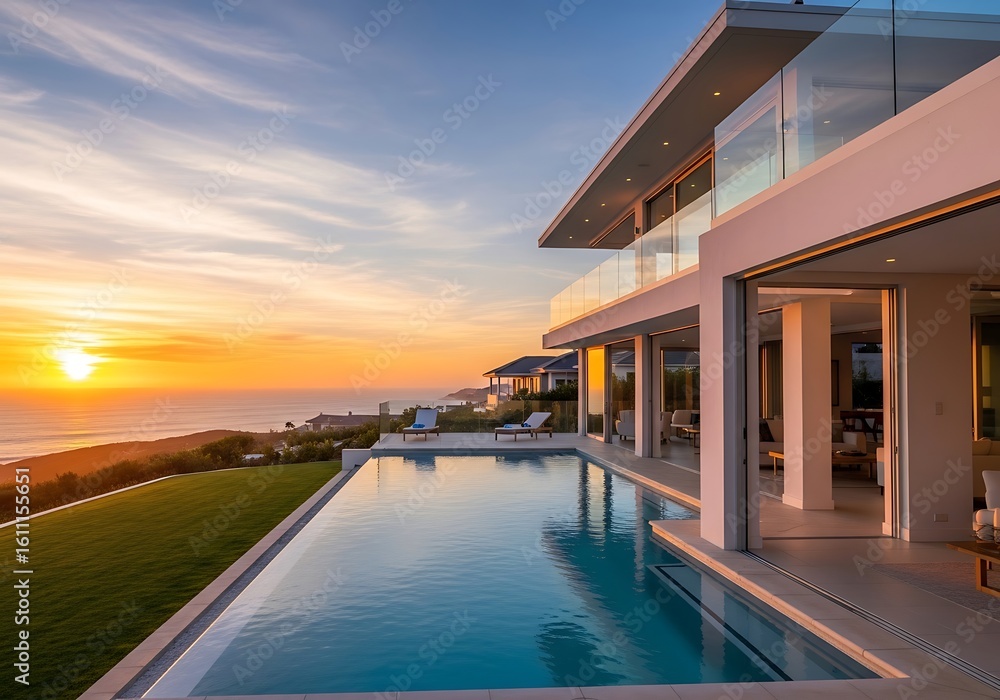 Fototapeta premium Luxury villa with an infinity pool overlooking the ocean at sunset with a stunning sky