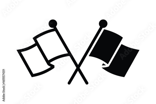 Two Crossed Flags Black and White Symbolic of Surrender or Checkered Racing Finish Simple Icon Style Design Element
