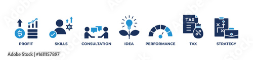 The Idea Builders  Icons set vector illustration blue with Profit , Skills, Consultation, Idea, Performance, Tax, Strategy