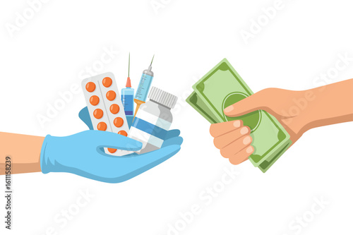 Purchase of Healthcare Products Illustration with Pills Syringes and Money Exchanging Hands Depicting Medical Costs and Pharmaceutical Business
