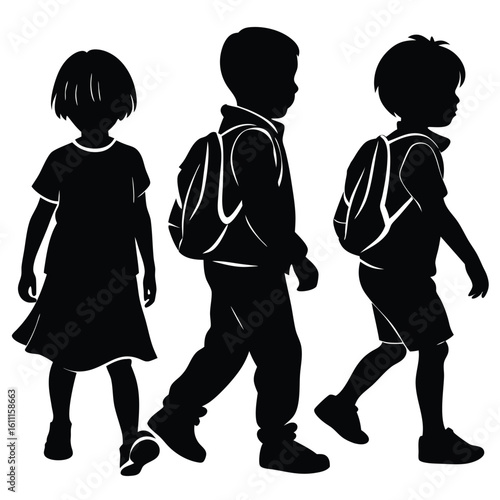 Black Silhouette of Children Running and Playing in Isolation