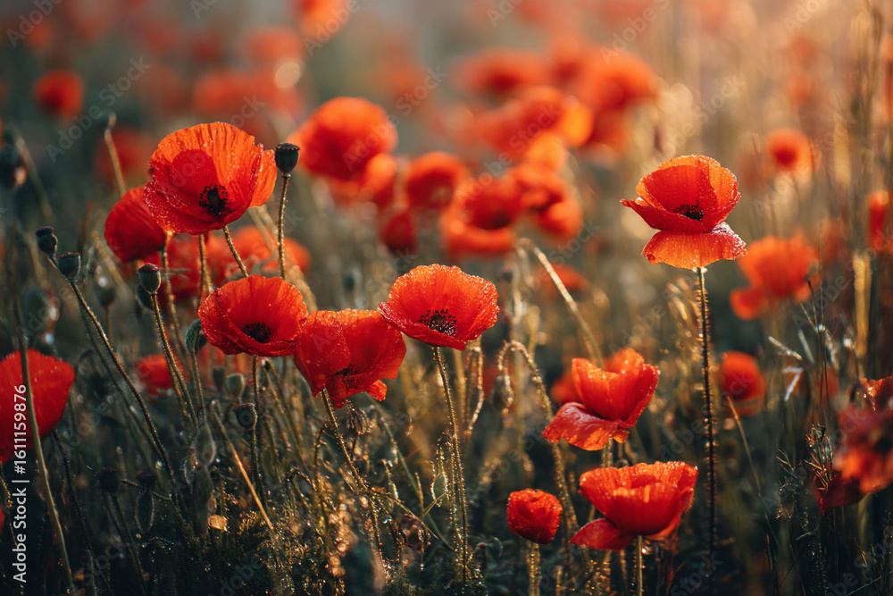 Obraz premium Sunlight illuminates a field of blooming poppies, a symbol of remembrance for those who served and sacrificed during the Second World War in Europe.