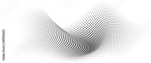 Flowing Wave Dot Halftone Pattern: Curve Gradient Shape on Transparent Background. Suitable for AI, Tech, Network, Digital, Science, and Technology Themes.