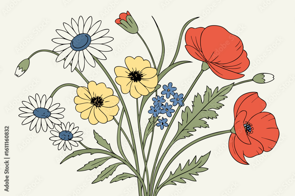 Obraz premium Bukiet polnych kwiatów z makami i stokrotkami. Romantyczna dekoracja.