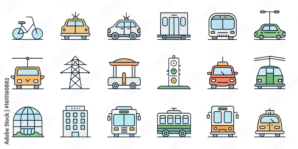 Fototapeta premium transportation-themed outline icons. Include electric car, hybrid car, hydrogen fuel cell car, solar car, autonomous car, taxi, rideshare vehicle, shuttle van, airport shuttle, hotel shuttle
