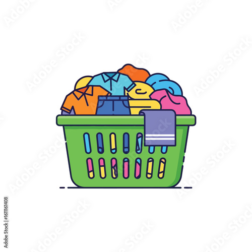 Laundry Basket Overflowing with Colorful Clothes - Vector Illustration