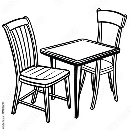 Minimalist Contour Sketch of a Table and Chair on a Blank Canvas