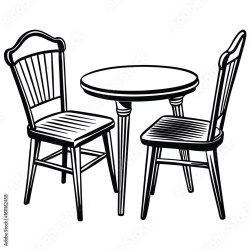 Minimalist Vector Sketch of a Table and Chair in Isolated Contour Lines