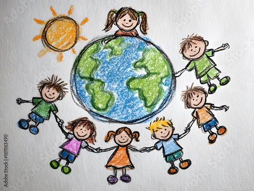 Little girl drawing Earth and people holding hands