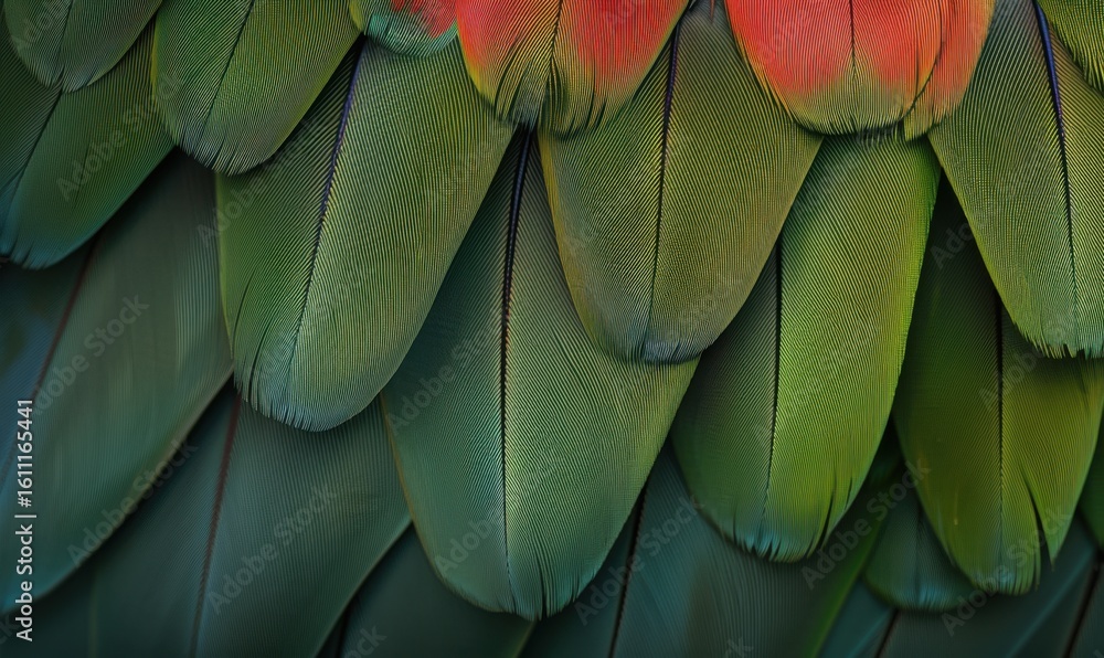 Obraz premium Green and red bird feathers close up detailed natural texture pattern