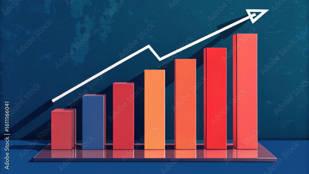 Fototapeta premium Rising graph arrow illustrates growth with colorful bars on reflective surface, conveying success and progress in business or finance