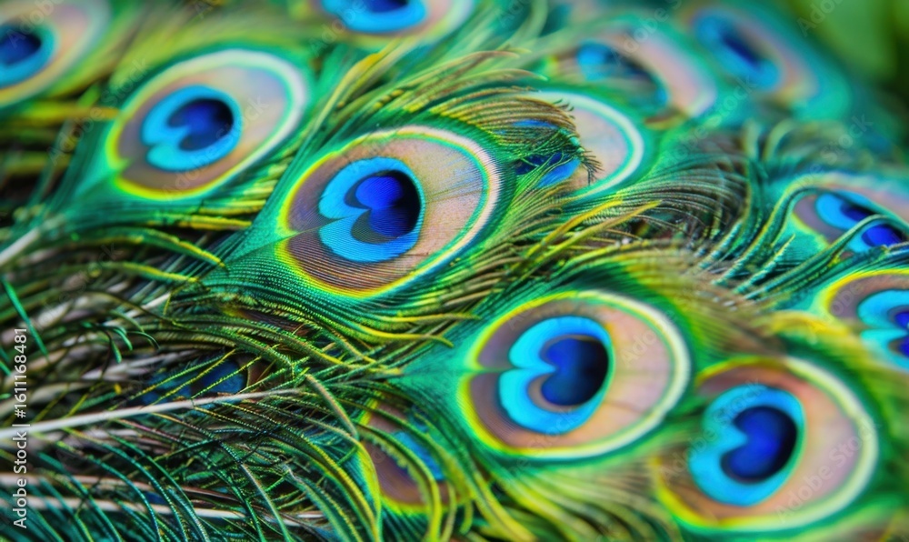 Fototapeta premium Peacock feathers macro close up displaying iridescent color and pattern