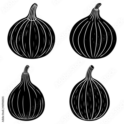Four black and white stylized figs with vertical lines arranged in a square formation on white background