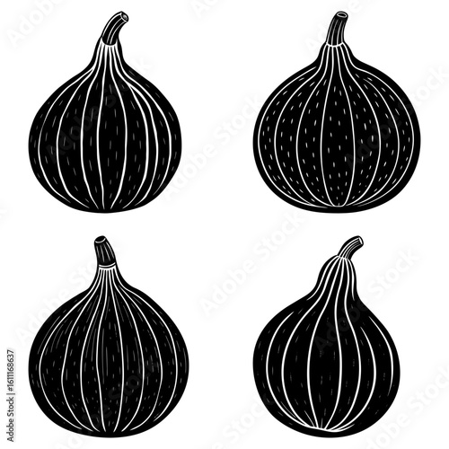 Four black and white figs arranged in a square formation on a white background in a graphic style
