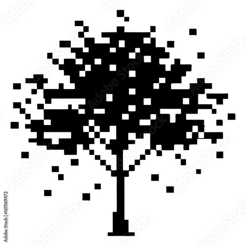 Glitch pixel tree silhouette (B&W vector)