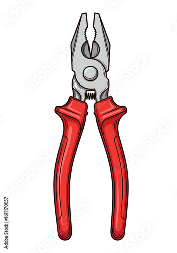 A detailed illustration of a red-handled pliers tool, depicted in a vertical and isolated view.