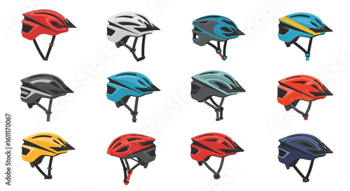A collection of twelve bicycle helmets in various colors and designs, arranged in a grid pattern.