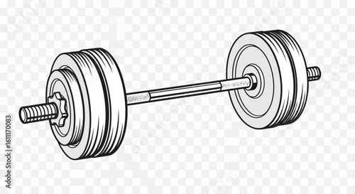 Line drawing of a barbell with weight plates, fitness equipment illustration.