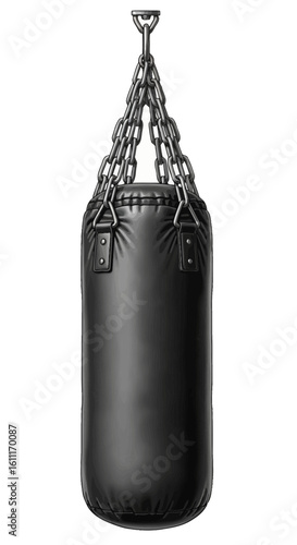 Heavy black leather punching bag hangs from chains, isolated on white.