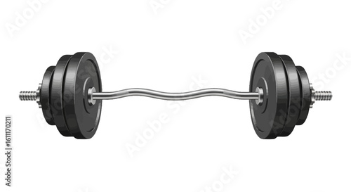 A curved barbell with weighted plates, isolated on white.