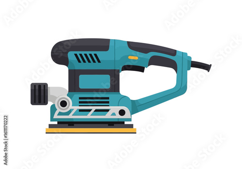 Teal and black electric orbital sander, detailed illustration, showing various components.