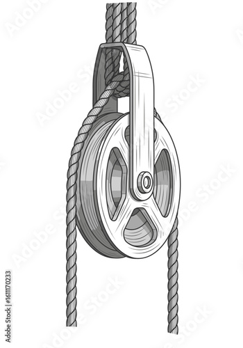 Detailed illustration of a pulley system with a rope, showing mechanical advantage and engineering principles.