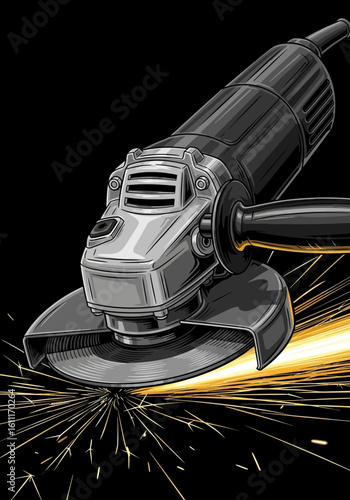 An electric angle grinder is shown in detail, with sparks flying from the grinding wheel against a black background.