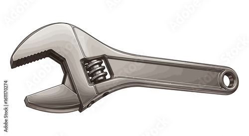 A silver adjustable wrench tool is displayed on a white background, showing its intricate design and functionality.