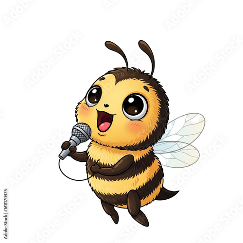 A cheerful cartoon bee enthusiastically sings into a microphone expressing joy and excitement with a cute expression.