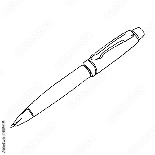 Vector line art of a ballpoint pen with detailed clip and tip design, minimal black outline, isolated on white background, office stationery illustration