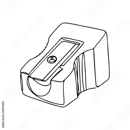 Vector line art of a pencil sharpener with visible blade and compact shape.