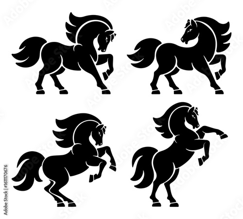 Horse set. Stylized silhouettes of standing in different poses, rearing and stamping hoof. Isolated on white background. Horse logo design set. Chinese New Year 2026 of the Horse. Vector illustration