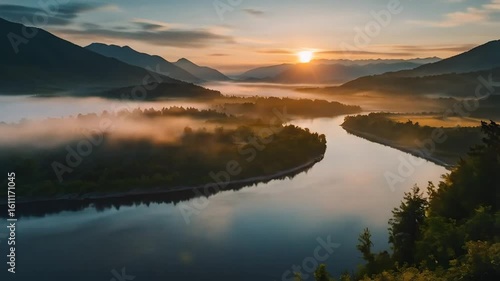 Wallpaper Mural Serene river winding through misty valley at sunrise/sunset, golden light, peaceful nature Torontodigital.ca
